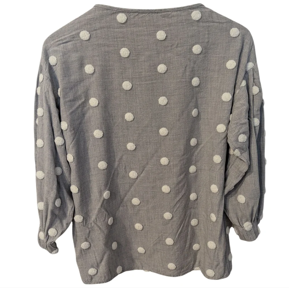 ZARA Puff Sleeve Gray With White Polka Dot Top Size XS